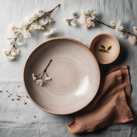 Spring table setting with cherry blossoms and empty plate on grey background. Flat lay, top viewの素材