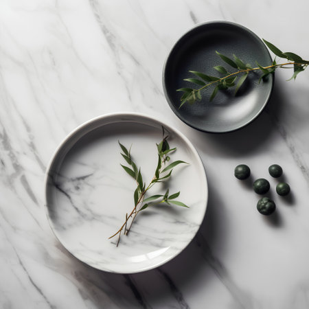 Top view of a ceramic plate with olive branch and olivesle backgroundの素材