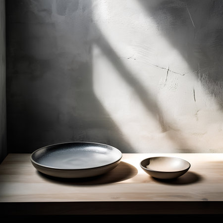 Empty ceramic plate and empty bowl on wooden table and concrete wall backgroundの素材