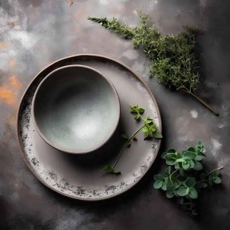 Ceramic plate and herbs on rustic background, top viewの素材