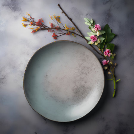 Empty blue plate with flowers on grey background. Top view, copy spaceの素材