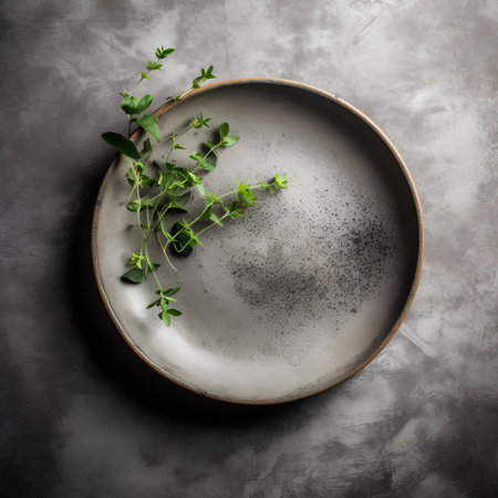 Empty ceramic plate with fresh thyme on dark background, top viewの素材