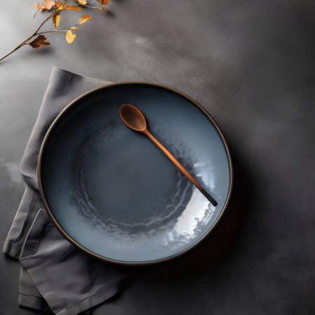 Empty blue plate, spoon and autumn leaves on dark background. Top view with copy spaceの素材