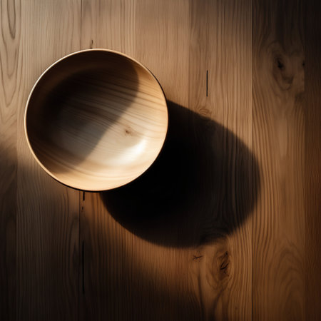 Wooden bowl on the wooden background with shadow from the lamp.の素材