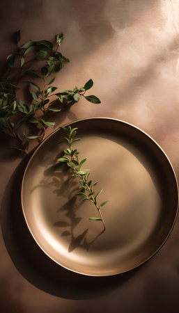 Plate and a branch of eucalyptus on a brown backgroundの素材