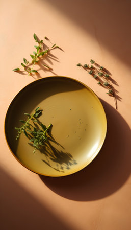 Plate with herbs and shadow on orange background. Flat lay.の素材