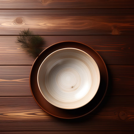 Empty brown plate and pine branch on wooden background. Top view.の素材
