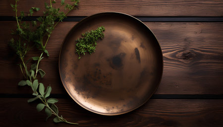 Plate with thyme and oregano on a wooden backgroundの素材