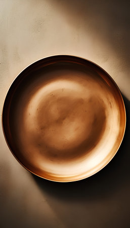 Empty golden plate on a brown background, top view, copy spaceの素材