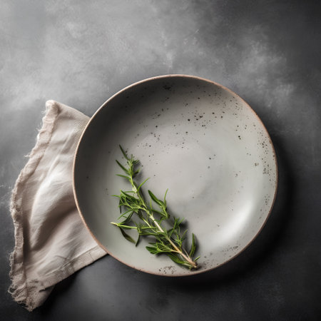 Empty plate with rosemary on dark background. Top view, copy spaceの素材