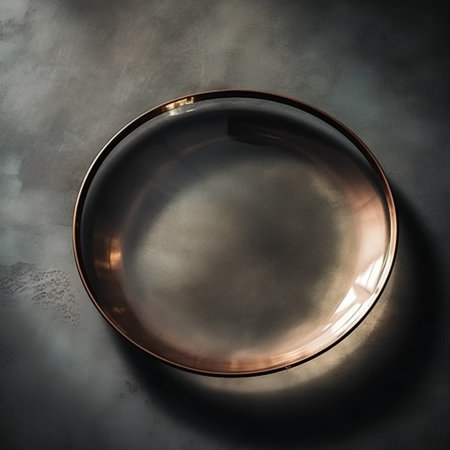 Empty round plate on dark background. Top view. Copy space.の素材