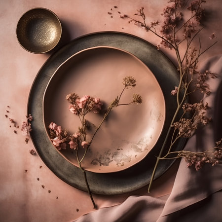 Ceramic plate with dried flowers on pink fabric background, top viewの素材