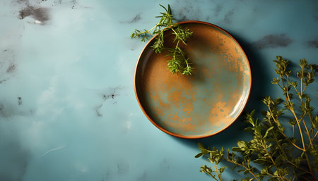 Empty ceramic plate with thyme on blue background. Flat lay, top viewの素材