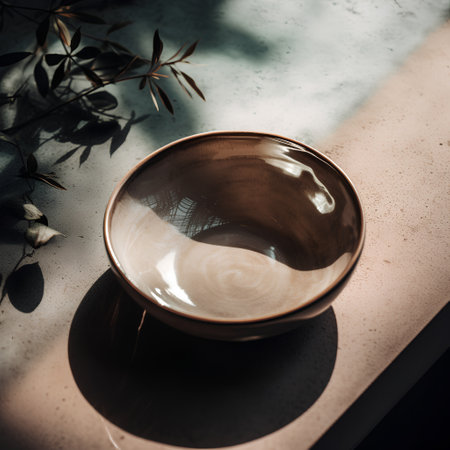 Empty ceramic bowl on the table in the morning sunlight. Selective focus.の素材