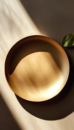 Empty golden plate on a beige background with shadows. 3d renderingの素材