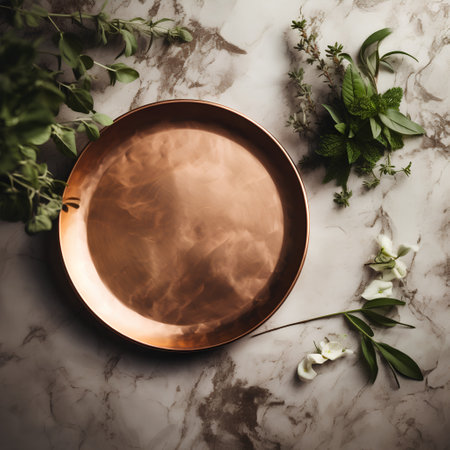 Empty copper plate with fresh herbsle background, top view.の素材