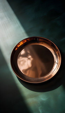 Empty gold plate on a green background. 3d render illustration.の素材