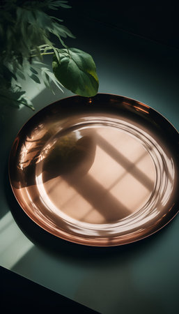 Empty plate with shadow and plant on a black background. Toned.の素材