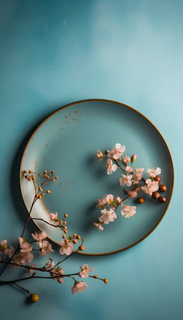 Plate with cherry blossom flowers on blue background. Flat lay, top viewの素材