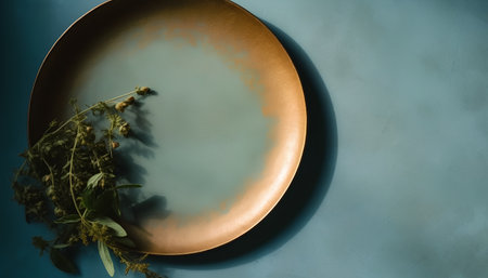 Empty plate with dried herbs on a blue background. Copy space.の素材