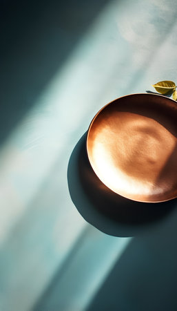 Empty plate with shadow on a blue background. Minimal concept.の素材