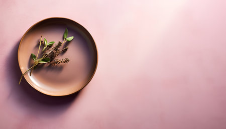 Plate with sprigs of rosemary on a pink backgroundの素材