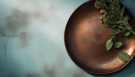 Top view of empty brown plate with fresh herbs on blue background.の素材