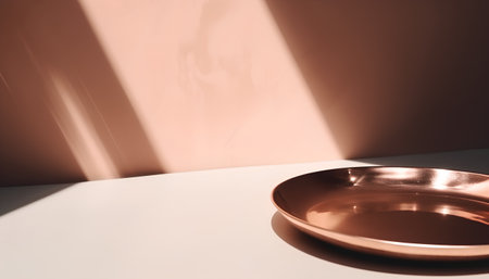 Empty copper plate on white table with shadow from the sun on wallの素材