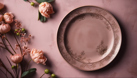 Vintage plate and flowers on pink background. Flat lay, top view.の素材