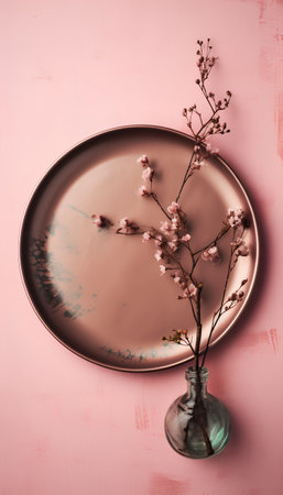 Plate with dried flowers on a pink background. Toned.の素材