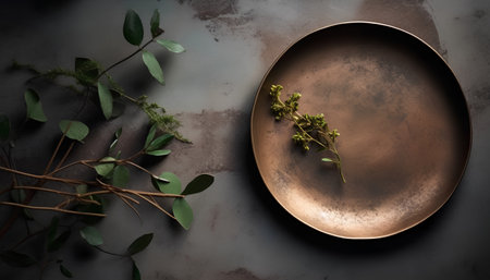 Vintage plate and eucalyptus branches on dark backgroundの素材