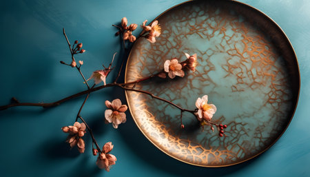 Plate with flowers on blue background. Flat lay, top view.の素材