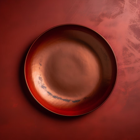 Empty brown plate on red leather background, top view, copy spaceの素材