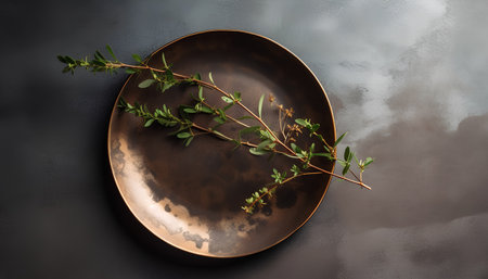 Rustic plate with thyme twigs on dark background, top viewの素材