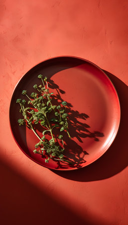Fresh oregano leaves on a red plate on a bright red backgroundの素材
