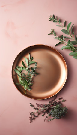 Empty golden plate with herbs on pink background. Top view, flat layの素材