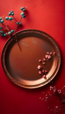 Vintage copper plate with cherry blossoms on a red background.の素材