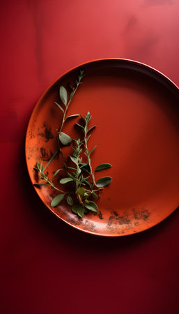 Plate with sprigs of thyme on a red backgroundの素材