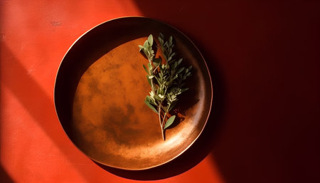 Plate with herbs on a red background, close-up.の素材