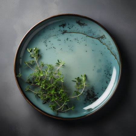 Plate with fresh thyme on dark background, top view.の素材