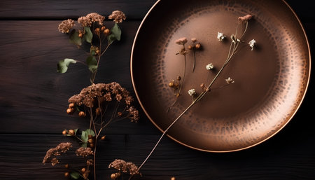 Dried flowers on a brown plate on a dark wooden background.の素材