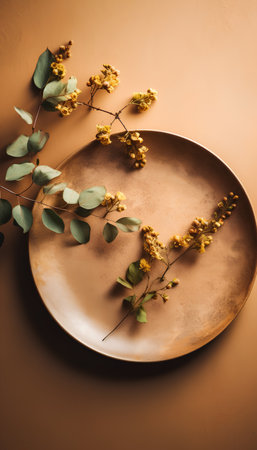 Elegant table setting with golden plate, eucalyptus branch and dry flowers. Flat lay, top view.の素材