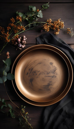 Empty brown plate on dark wooden background, top view, copy spaceの素材