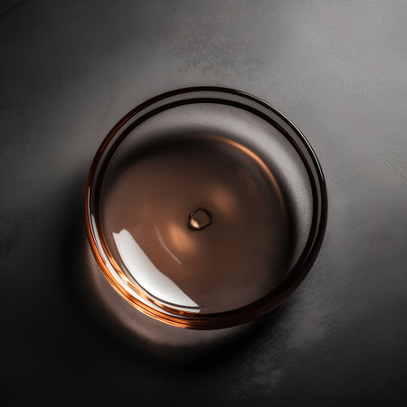Empty glass bowl on black background. 3D illustration. Top view.の素材