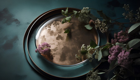 Lilac flowers in a glass plate on a dark blue backgroundの素材