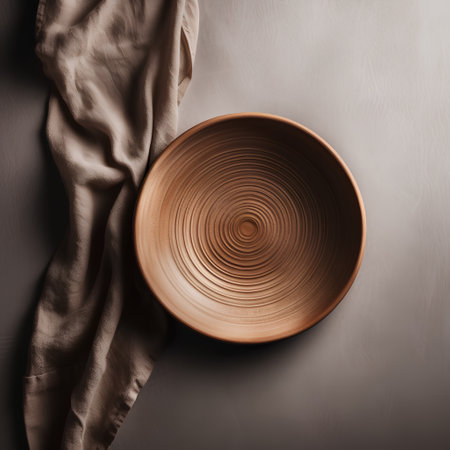 Empty plate and napkin on gray background. Flat lay, top viewの素材