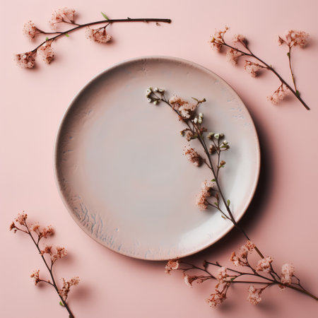 Empty plate with pink flowers on pink background. Flat lay, top view.の素材