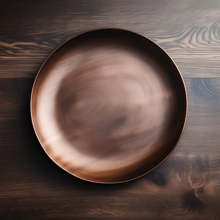 Empty brown plate on wooden background. Top view. 3d renderingの素材
