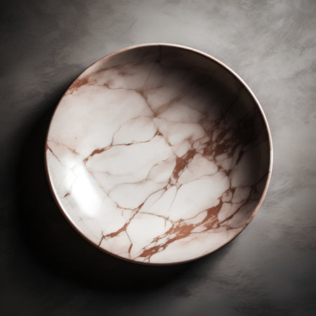 Empty ceramic plate on grunge background. Top view. Toned.の素材