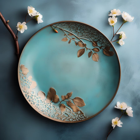 Ceramic plate with floral ornament on blue background. Copy spaceの素材